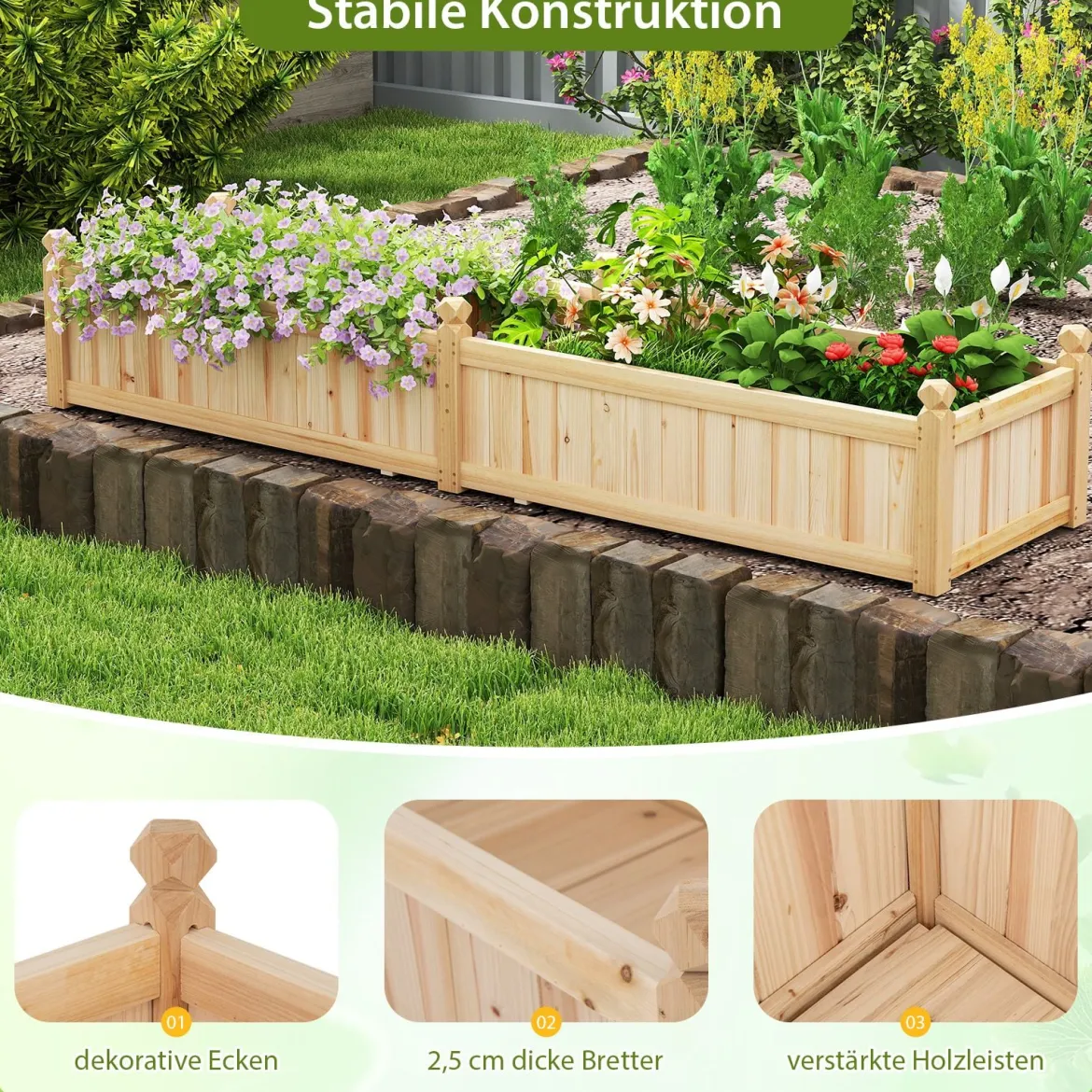 Blumenkasten Hochbeet Holz Pflanzkasten mit Trennwand Entwässerungslöchern & Vliesstofffolie Gartenbeet Pflanzbeet 227 x 59,5 x 40 cm Natur
