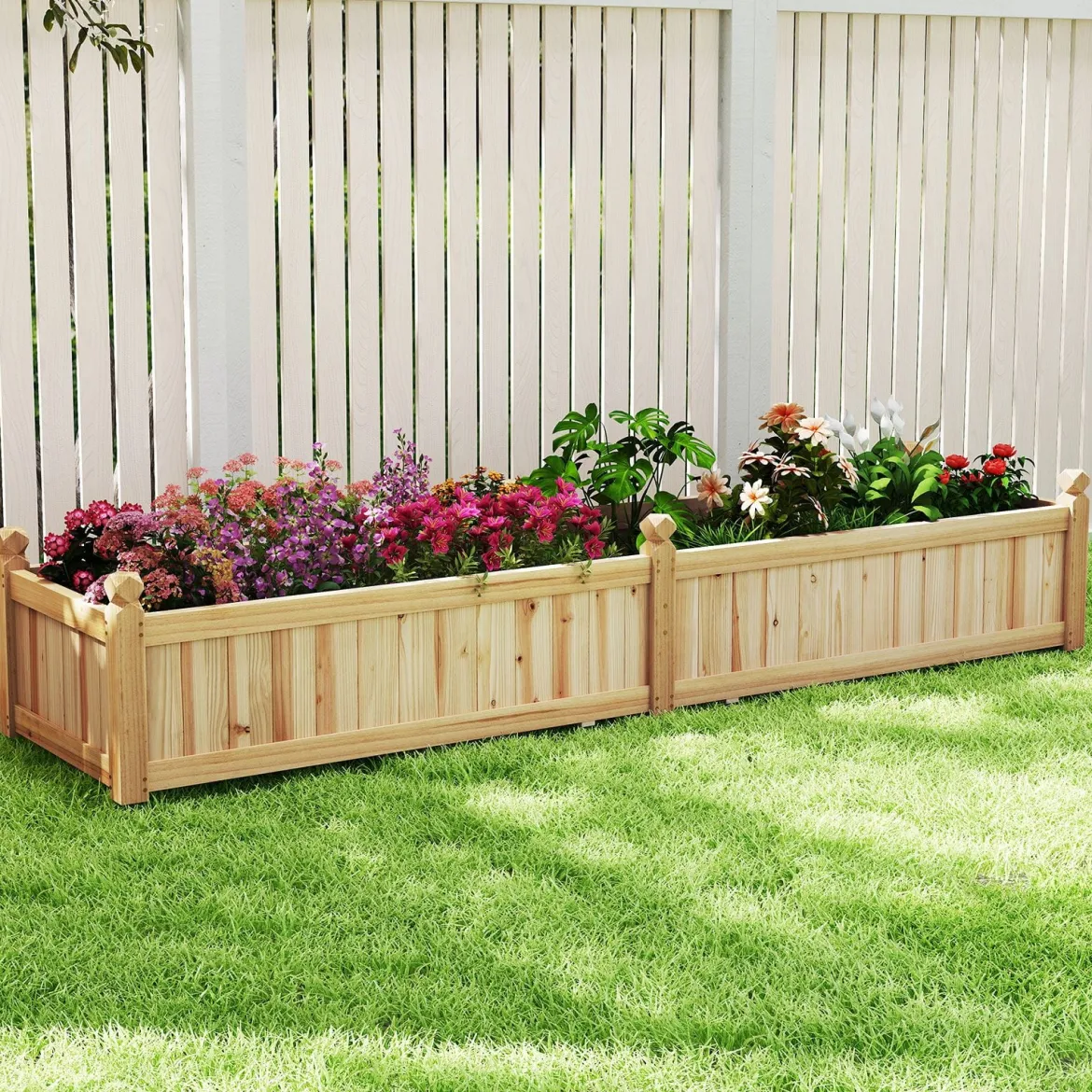 Blumenkasten Hochbeet Holz Pflanzkasten mit Trennwand Entwässerungslöchern & Vliesstofffolie Gartenbeet Pflanzbeet 227 x 59,5 x 40 cm Natur