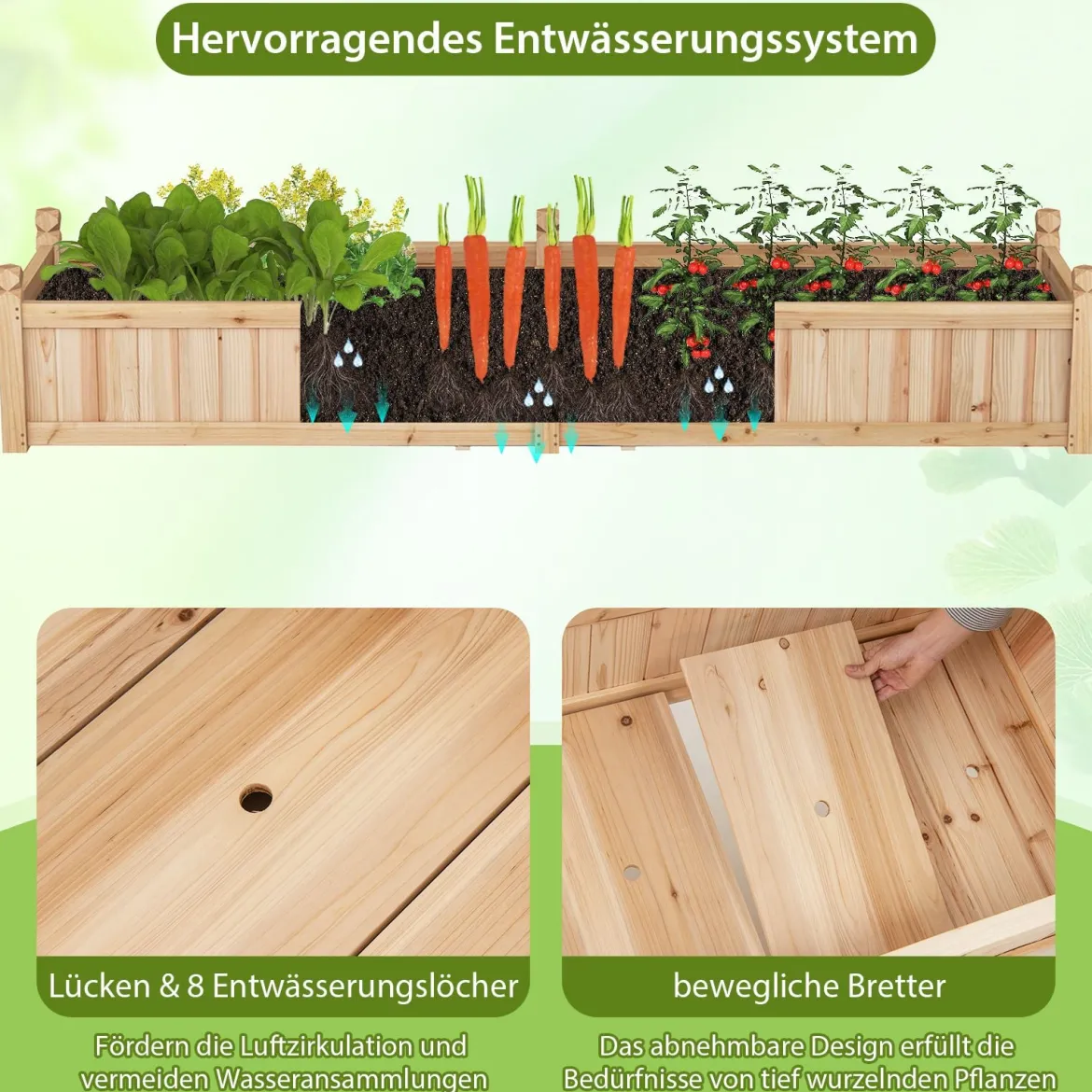 Blumenkasten Hochbeet Holz Pflanzkasten mit Trennwand Entwässerungslöchern & Vliesstofffolie Gartenbeet Pflanzbeet 227 x 59,5 x 40 cm Natur
