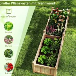 Blumenkasten Hochbeet Holz Pflanzkasten mit Trennwand Entwässerungslöchern & Vliesstofffolie Gartenbeet Pflanzbeet 227 x 59,5 x 40 cm Natur