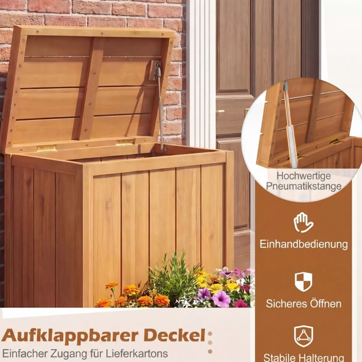 Blumenkasten mit Gartenbox & Deckel Auflagenbox mit Pflanzkübel aus Holz Paketbox Natur
