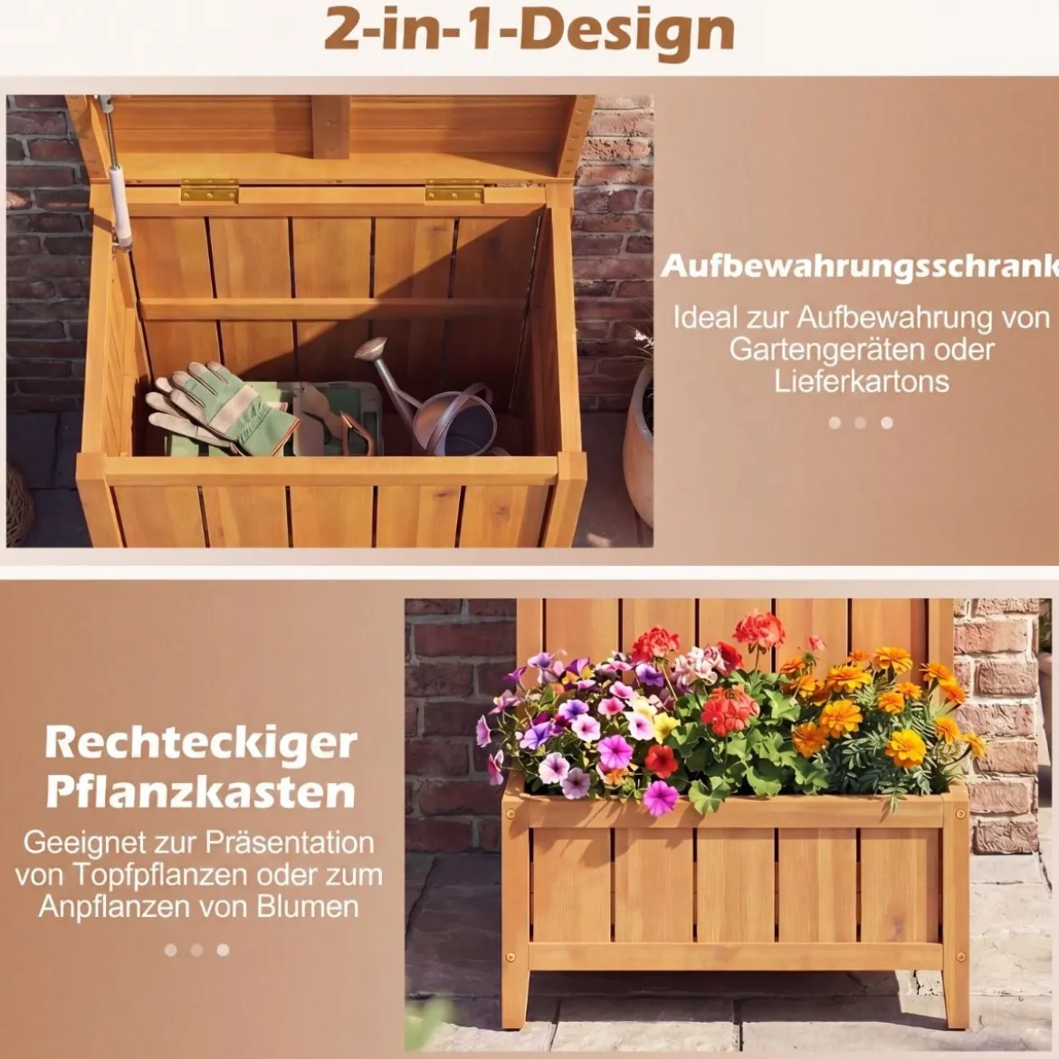 Blumenkasten mit Gartenbox & Deckel Auflagenbox mit Pflanzkübel aus Holz Paketbox Natur