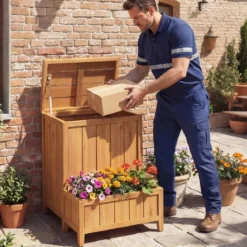 Blumenkasten mit Gartenbox & Deckel Auflagenbox mit Pflanzkübel aus Holz Paketbox Natur