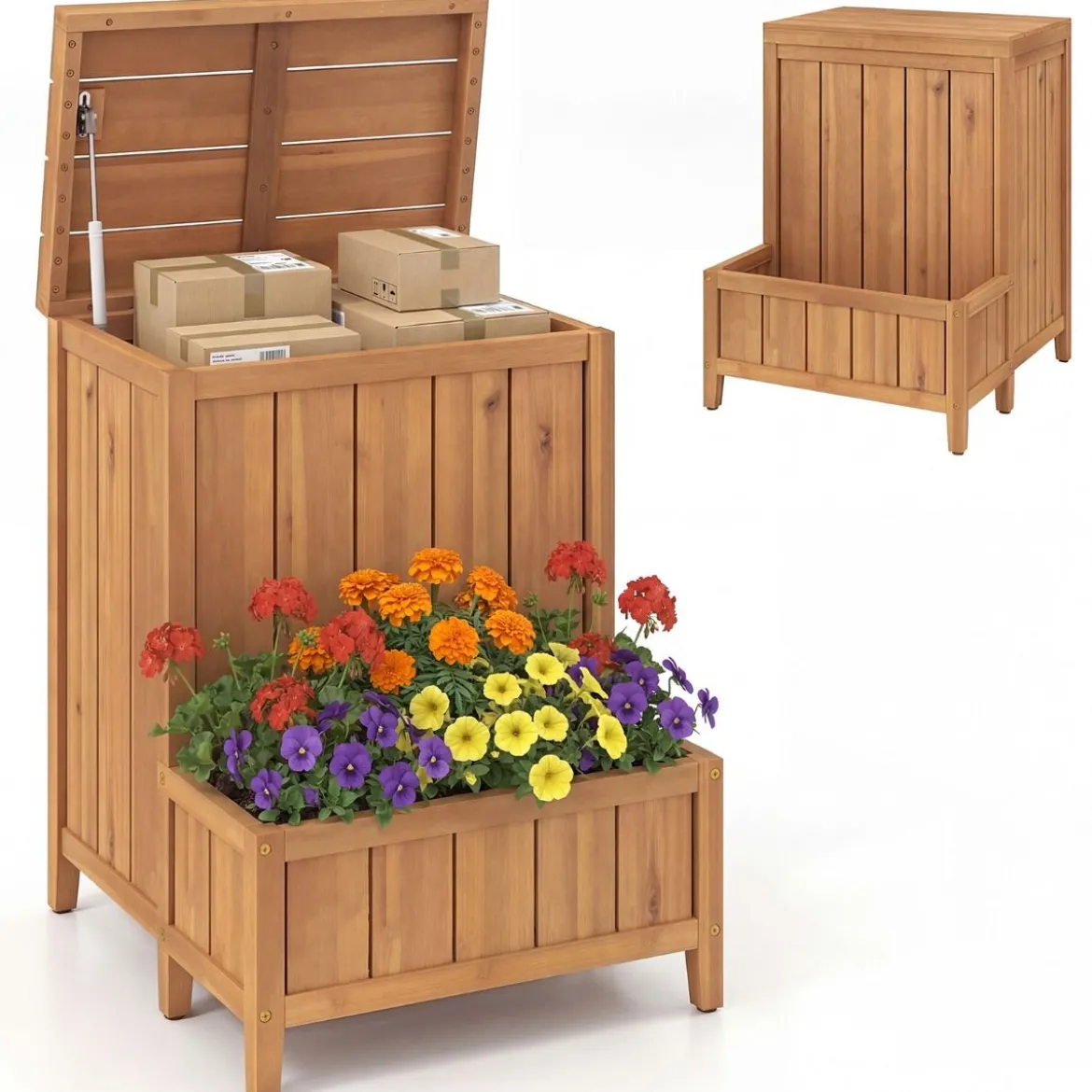 Blumenkasten mit Gartenbox & Deckel Auflagenbox mit Pflanzkübel aus Holz Paketbox Natur