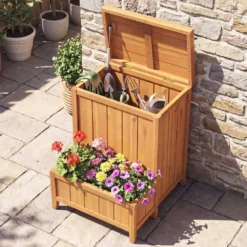 Blumenkasten mit Gartenbox & Deckel Auflagenbox mit Pflanzkübel aus Holz Paketbox Natur