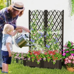 Blumenkasten mit Rankgitter Pflanzkasten für Kletterpflanzen Hochbeet mit Spalier 80 x 40 x 122 cm Braun