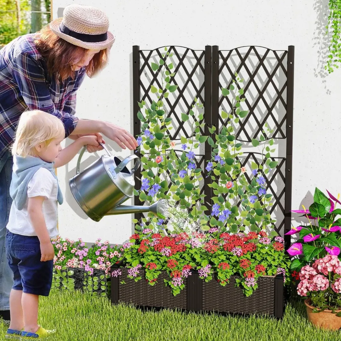Blumenkasten mit Rankgitter Pflanzkasten für Kletterpflanzen Hochbeet mit Spalier 80 x 40 x 122 cm Braun