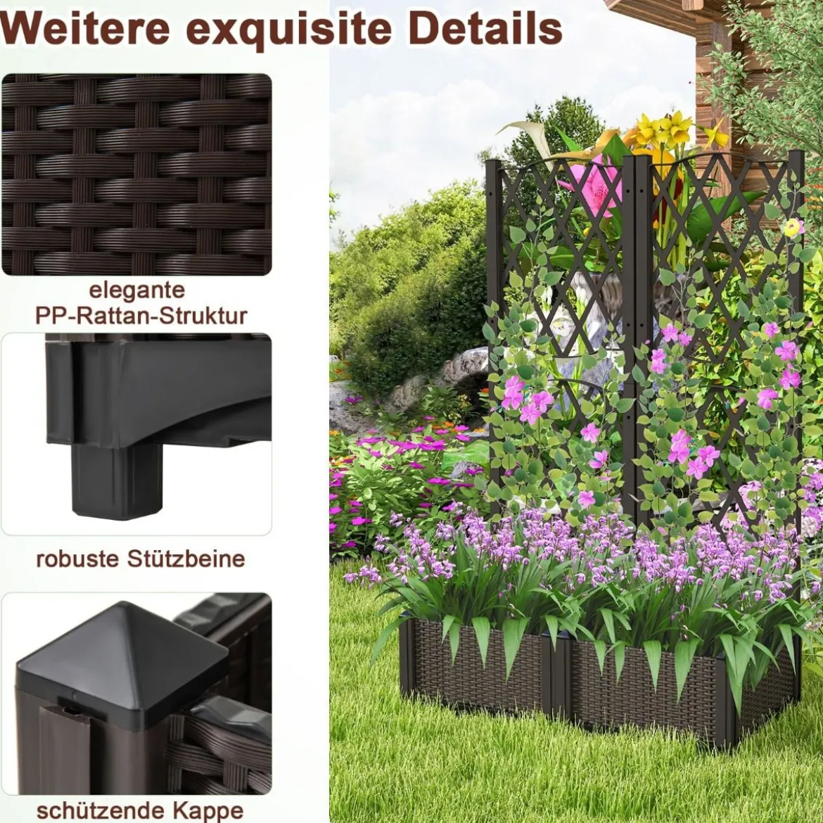 Blumenkasten mit Rankgitter Pflanzkasten für Kletterpflanzen Hochbeet mit Spalier 80 x 40 x 122 cm Braun