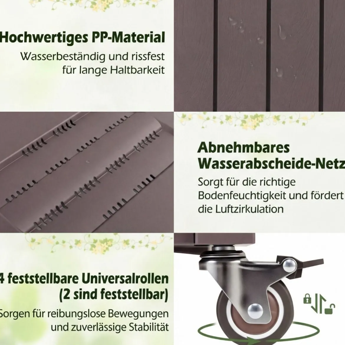 Blumenkasten mit Rankgitter & Rollen Hochbeet mit Spalier & Abflusslöchern Pflanzkasten Braun