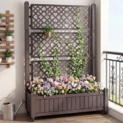 Blumenkasten mit Rankgitter & Rollen Hochbeet mit Spalier & Abflusslöchern Pflanzkasten Braun