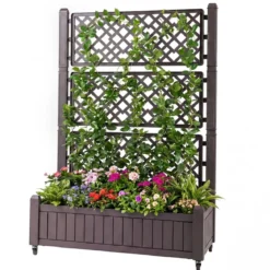 Blumenkasten mit Rankgitter & Rollen Hochbeet mit Spalier & Abflusslöchern Pflanzkasten Braun