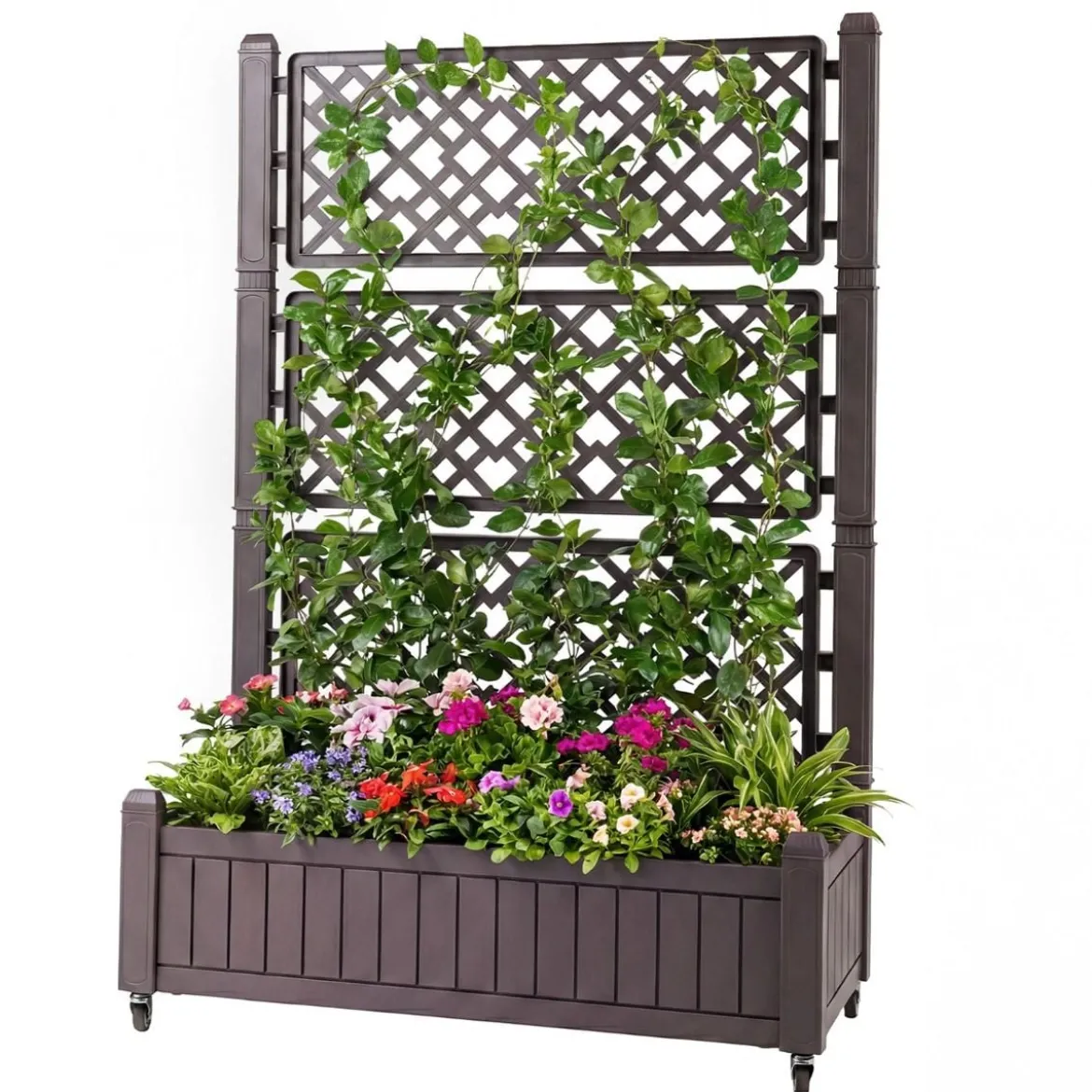 Blumenkasten mit Rankgitter & Rollen Hochbeet mit Spalier & Abflusslöchern Pflanzkasten Braun