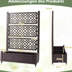 Blumenkasten mit Rankgitter & Rollen Hochbeet mit Spalier & Abflusslöchern Pflanzkasten Braun