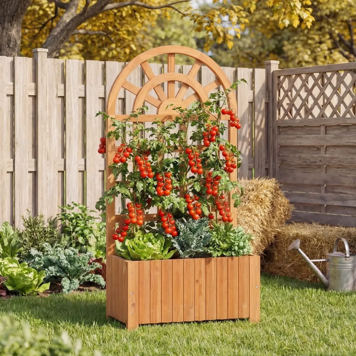 Blumenkasten mit Rankgitter & Spalier & Entwässerung Pflanzkasten für Kletterpflanzen Braun