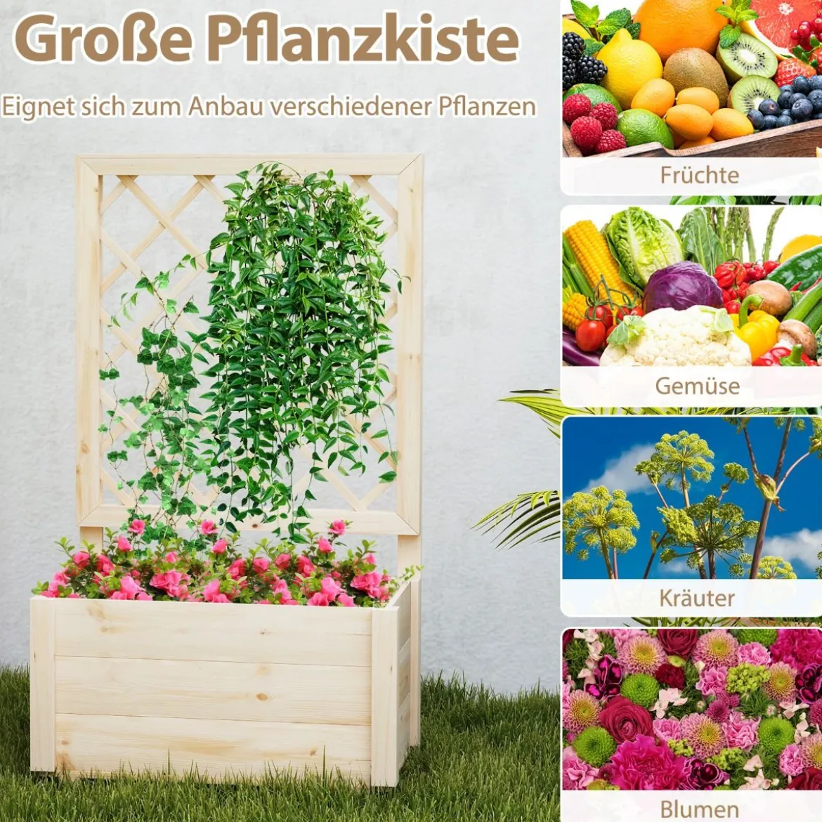 Blumenkasten mit Rankgitter Hochbeet mit Spalier & Drainagelöchern Natur 58 x 35 x 101 cm