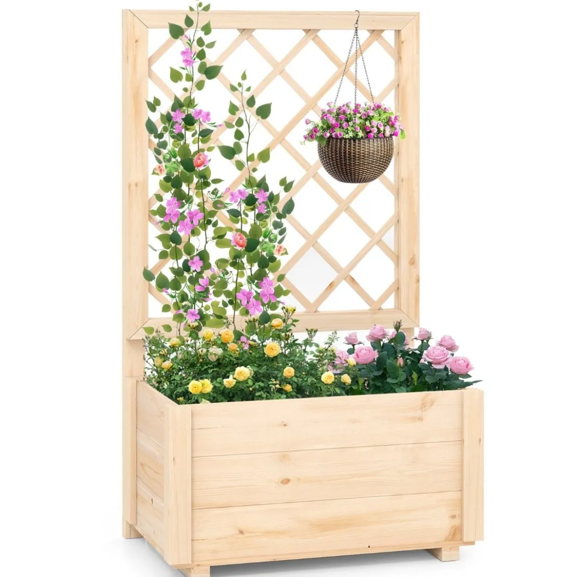 Blumenkasten mit Rankgitter Hochbeet mit Spalier & Drainagelöchern Natur 58 x 35 x 101 cm