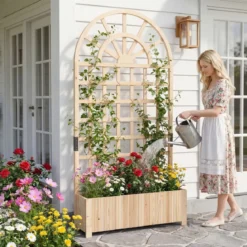 Blumenkasten mit Rankgitter & Spalier & Entwässerung Gartenspalier für Kletterpflanzen Natur