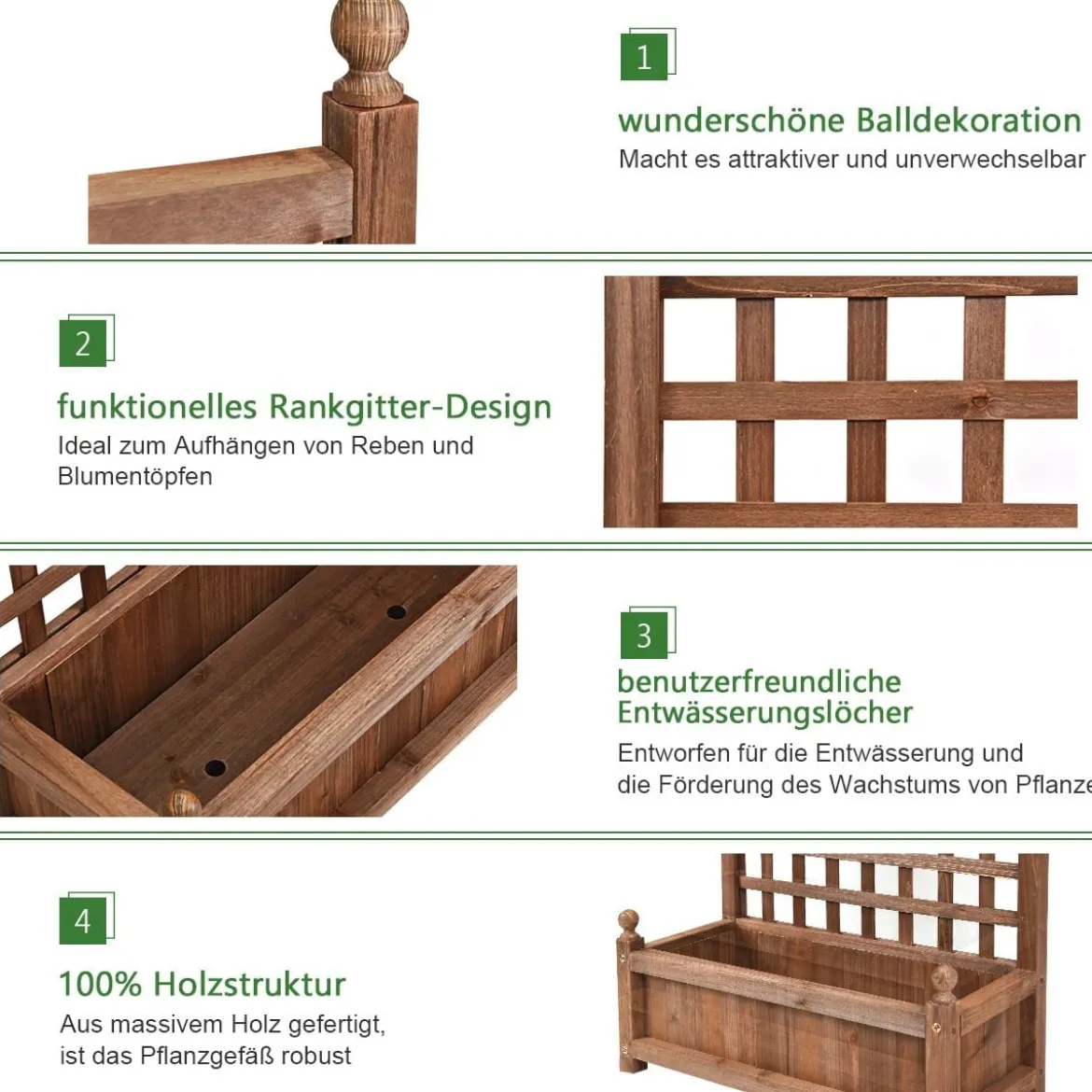 Blumenkasten mit Rankgitter Pflanzkasten Holz für Kletterpflanzen Hochbeet mit Spalier 64,5 x 28 x 120 cm Braun