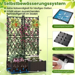 Blumenkasten mit Rankgitter Metall Pflanzkasten für Kletterpflanzen Hochbeet mit Spalier & Selbstbewässerung Schwarz 80 x 40 x 120 cm