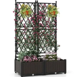 Blumenkasten mit Rankgitter Metall Pflanzkasten für Kletterpflanzen Hochbeet mit Spalier & Selbstbewässerung Schwarz 80 x 40 x 120 cm