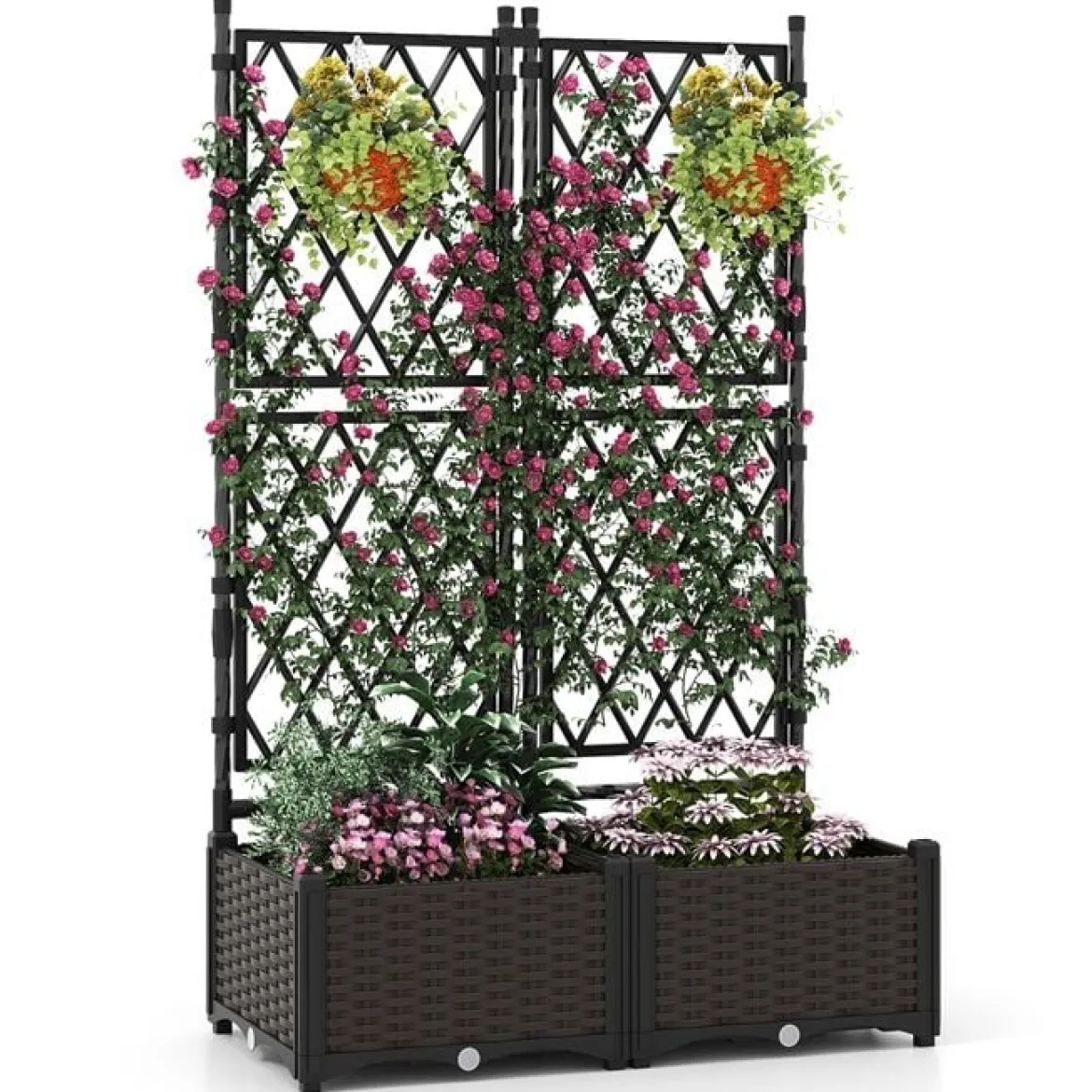 Blumenkasten mit Rankgitter Metall Pflanzkasten für Kletterpflanzen Hochbeet mit Spalier & Selbstbewässerung Schwarz 80 x 40 x 120 cm