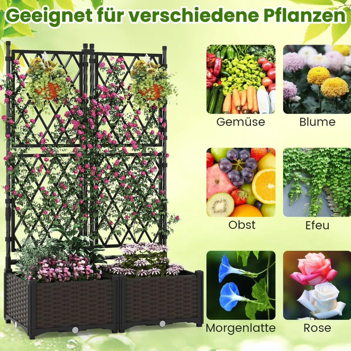 Blumenkasten mit Rankgitter Metall Pflanzkasten für Kletterpflanzen Hochbeet mit Spalier & Selbstbewässerung Schwarz 80 x 40 x 120 cm