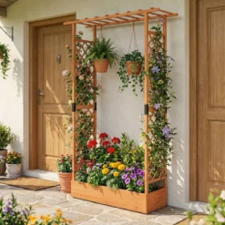 Blumenkasten mit Rankgitter Pflanzkasten mit Rankhilfe & Hängendem Dach Sichtschutz Orange