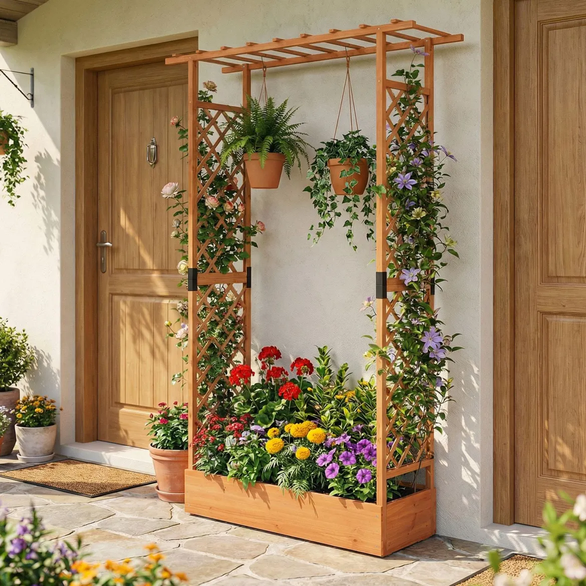 Blumenkasten mit Rankgitter Pflanzkasten mit Rankhilfe & Hängendem Dach Sichtschutz Orange