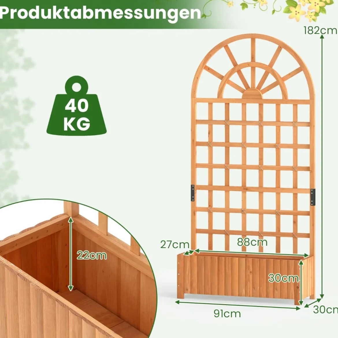 Blumenkasten mit Rankgitter & Spalier & Entwässerung Gartenspalier für Kletterpflanzen Braun