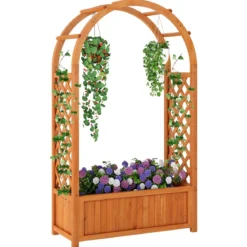 Blumenkasten mit Rankgitter Hochbeet mit Spalier & Gebogendach Rosenbogen mit Pflanzkasten Holz 83 x 36 x 146 cm Braun