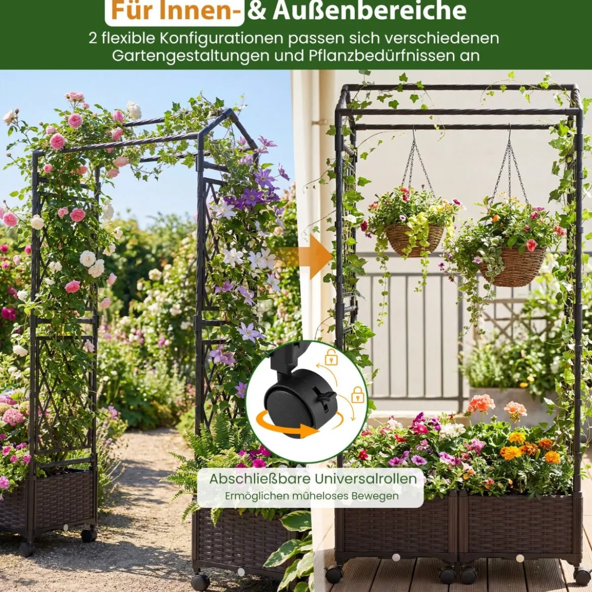 Blumenkasten mit Rankgitter & hängendem Dach Hochbeet auf abschließbaren Rollen Braun 154 x 40 x 162 cm