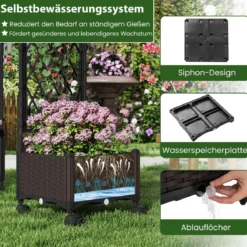 Blumenkasten mit Rankgitter & hängendem Dach Hochbeet auf abschließbaren Rollen Braun 154 x 40 x 162 cm