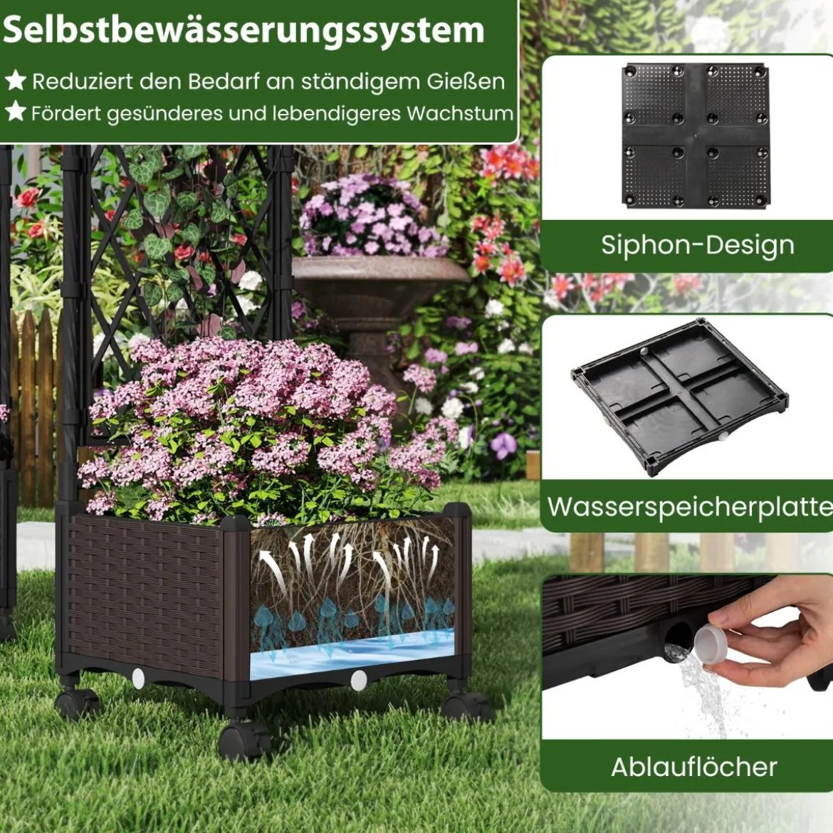 Blumenkasten mit Rankgitter & hängendem Dach Hochbeet auf abschließbaren Rollen Braun 154 x 40 x 162 cm