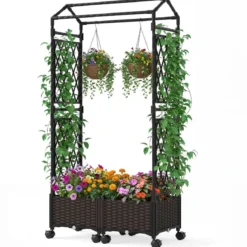 Blumenkasten mit Rankgitter & hängendem Dach Hochbeet auf abschließbaren Rollen Braun 154 x 40 x 162 cm
