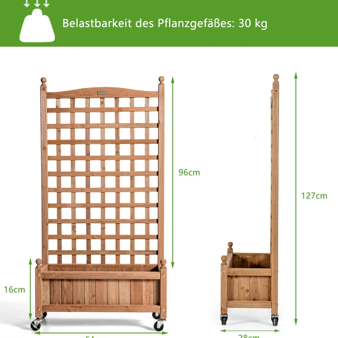 Blumenkasten mit Rankgitter Pflanzkasten Holz auf Rollen für Kletterpflanzen 64 x 28x 127 cm Braun
