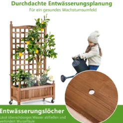 Blumenkasten mit Rankgitter Pflanzkasten Holz auf Rollen für Kletterpflanzen 64 x 28x 127 cm Braun