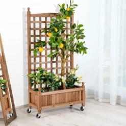 Blumenkasten mit Rankgitter Pflanzkasten Holz auf Rollen für Kletterpflanzen 64 x 28x 127 cm Braun