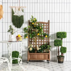 Blumenkasten mit Rankgitter Pflanzkasten Holz auf Rollen für Kletterpflanzen 64 x 28x 127 cm Braun