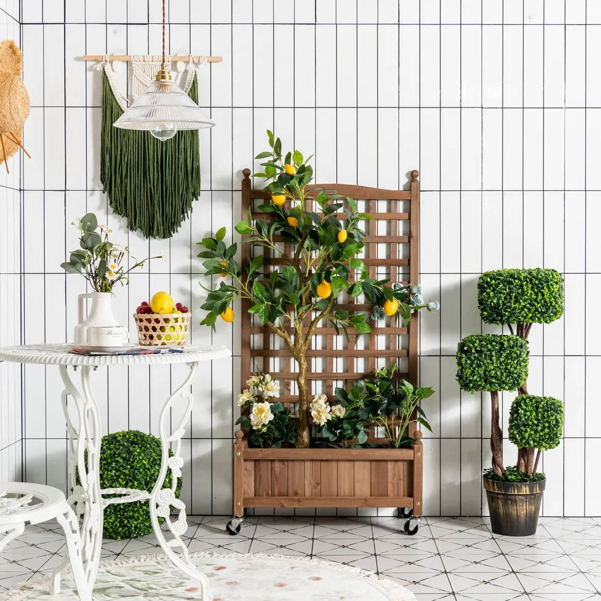Blumenkasten mit Rankgitter Pflanzkasten Holz auf Rollen für Kletterpflanzen 64 x 28x 127 cm Braun