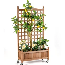 Blumenkasten mit Rankgitter Pflanzkasten Holz auf Rollen für Kletterpflanzen 64 x 28x 127 cm Braun
