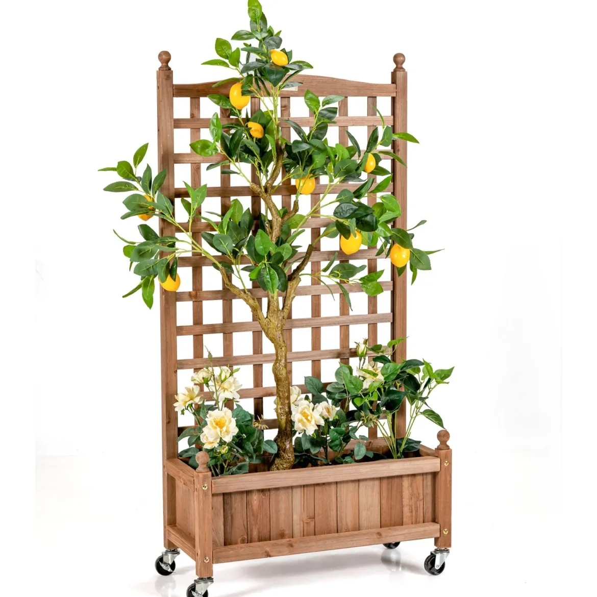 Blumenkasten mit Rankgitter Pflanzkasten Holz auf Rollen für Kletterpflanzen 64 x 28x 127 cm Braun