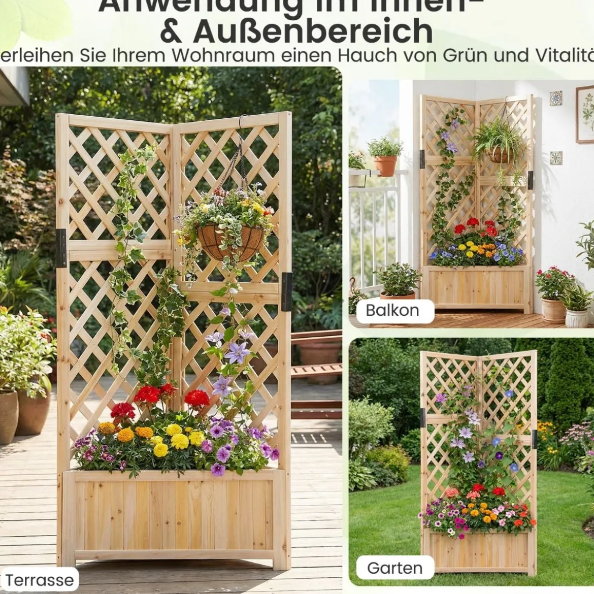 Blumenkasten mit rankgitter Eck-Pflanzkasten mit Abflusslöchern erhöhter Holzkasten für Kletterpflanzen Natur