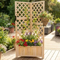 Blumenkasten mit rankgitter Eck-Pflanzkasten mit Abflusslöchern erhöhter Holzkasten für Kletterpflanzen Natur