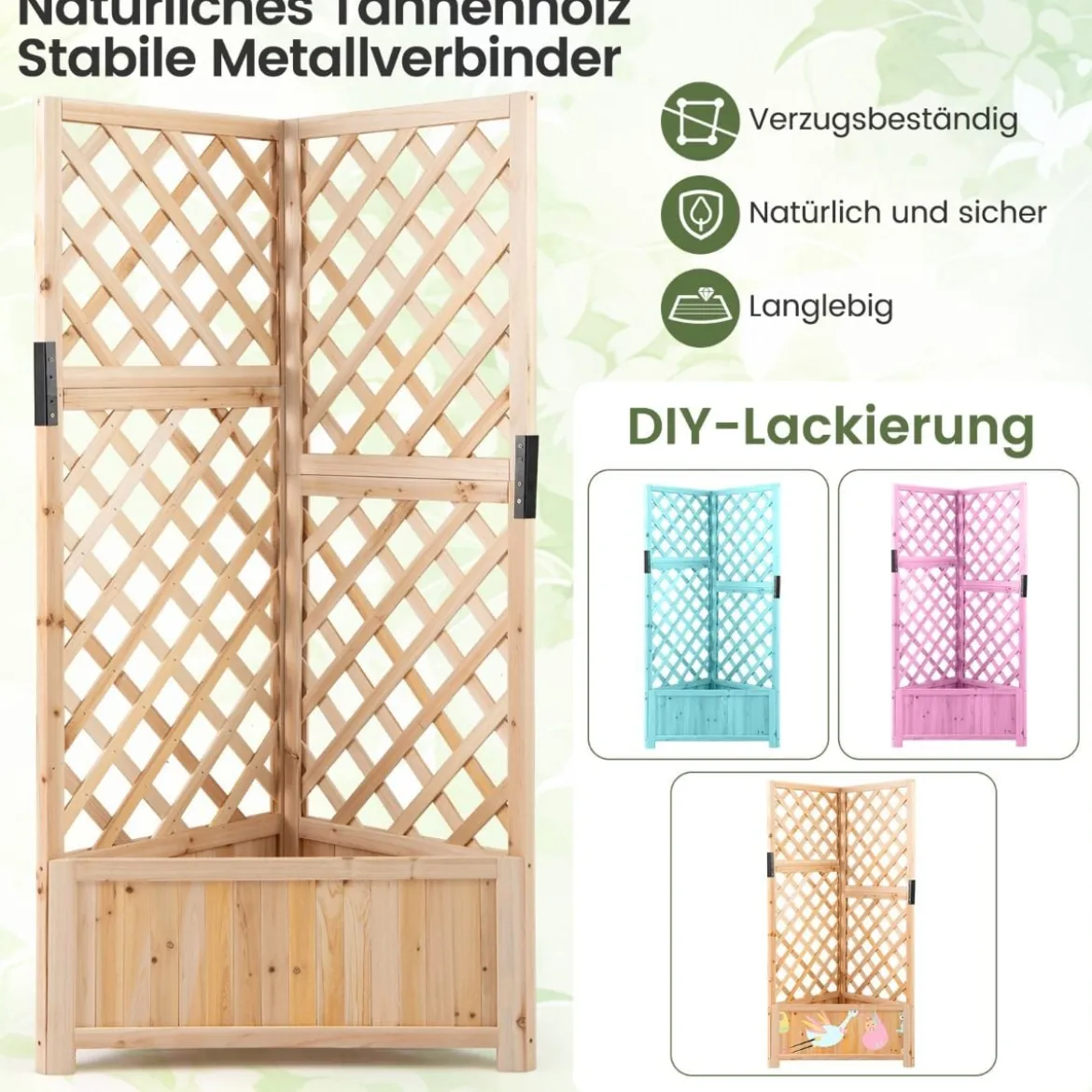 Blumenkasten mit rankgitter Eck-Pflanzkasten mit Abflusslöchern erhöhter Holzkasten für Kletterpflanzen Natur
