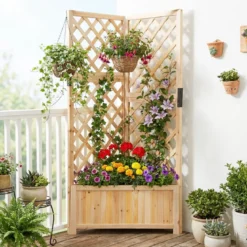 Blumenkasten mit rankgitter Eck-Pflanzkasten mit Abflusslöchern erhöhter Holzkasten für Kletterpflanzen Natur