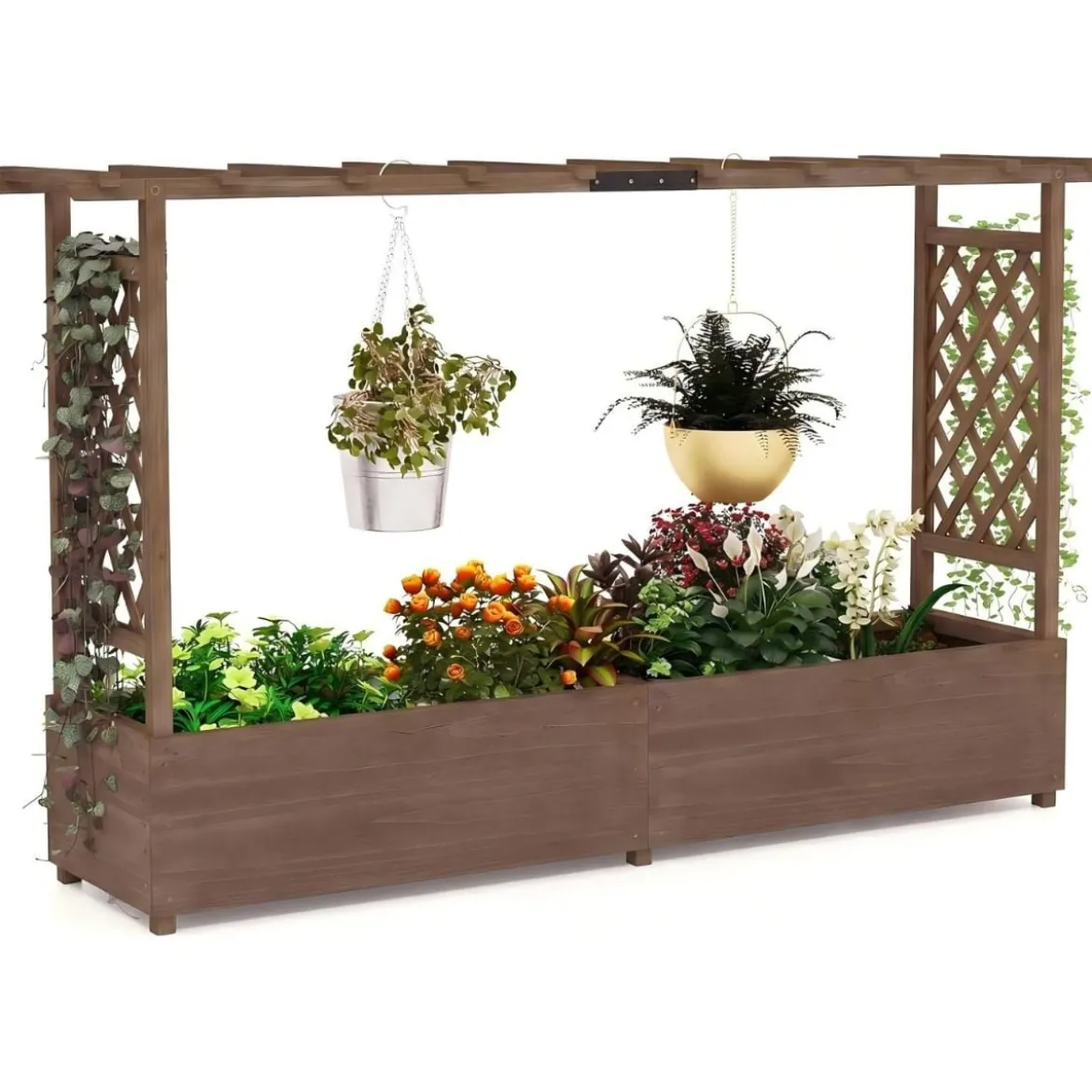 Blumenkasten mit Rankgitter & Hängendem Dach Pflanzkasten mit Rankhilfe 200x44x114cm Braun