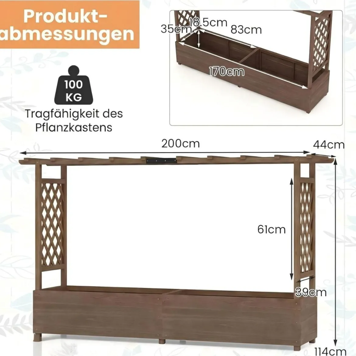 Blumenkasten mit Rankgitter & Hängendem Dach Pflanzkasten mit Rankhilfe 200x44x114cm Braun