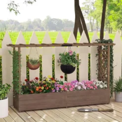 Blumenkasten mit Rankgitter & Hängendem Dach Pflanzkasten mit Rankhilfe 200x44x114cm Braun