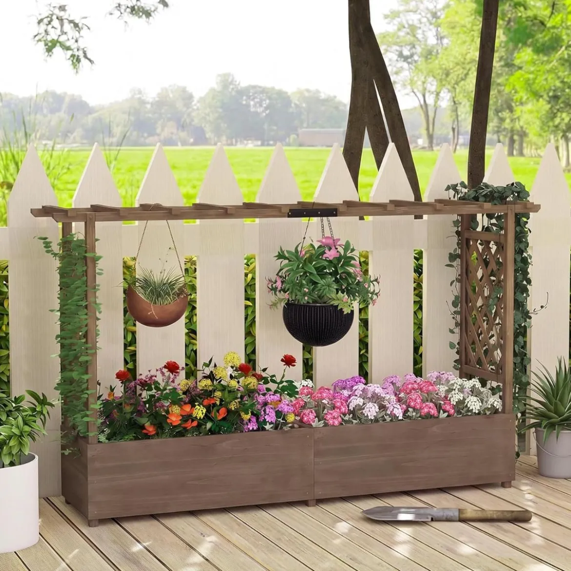 Blumenkasten mit Rankgitter & Hängendem Dach Pflanzkasten mit Rankhilfe 200x44x114cm Braun