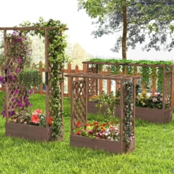 Blumenkasten mit Rankgitter & Hängendem Dach Pflanzkasten mit Rankhilfe 200x44x114cm Braun